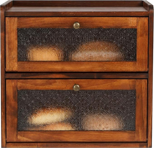 Sunhoo Bread Box for Kitchen Countertop, Large Pine Wood Breadbox, Brown | Farmhouse Pantry Container, Double Layer Storage, Fresh Homemade Sourdough Bin, Vintage Textured Acrylic Door, Easy Assembly by Sunhoo