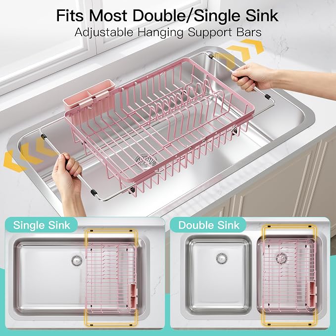 JASIWAY Pink Dish Drying Rack Over the Sink with Utensil Holder | Expandable Stainless Steel Dish Driainers for Small Kitchen, Counter Space Saving, Fast Drain, Rust Resistant, For Apartment - Image 3