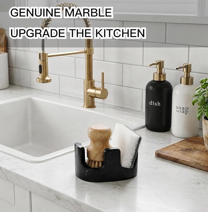 Black Marble Sponge Holder for Kitchen Sink, Dual Slot Stone Caddy, Nero Marquina | 2-in-1 Natural Marble Sponge & Brush Holder, Raised Edge Helps Catch Water, Keeps Countertop Dry, Luxury Kitchen Decor - Image 4
