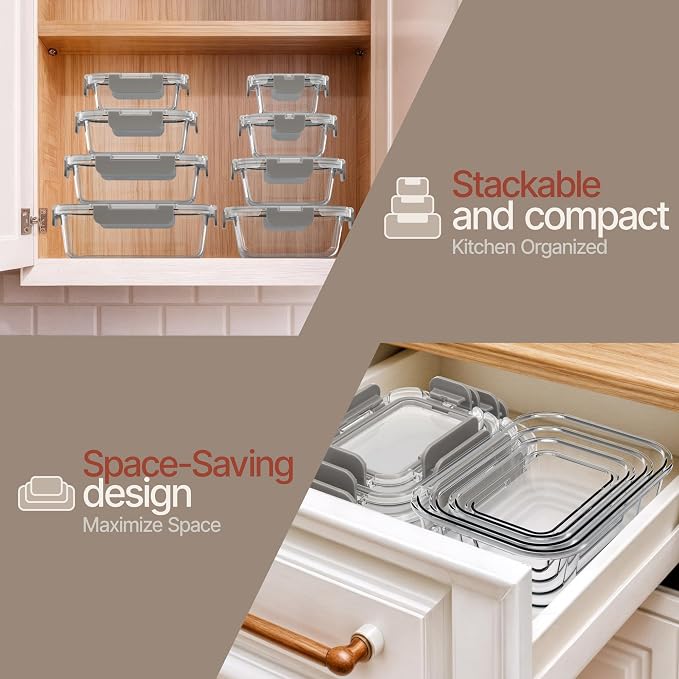 Bakken Borosilicate Glass Food Storage Containers with Lids 24 Pieces, BPA-Free Stackable Lunch & Leftover Containers, Microwave, Freezer & Dishwasher Safe, 100% Airtight Leak-Proof, Gray - Image 9