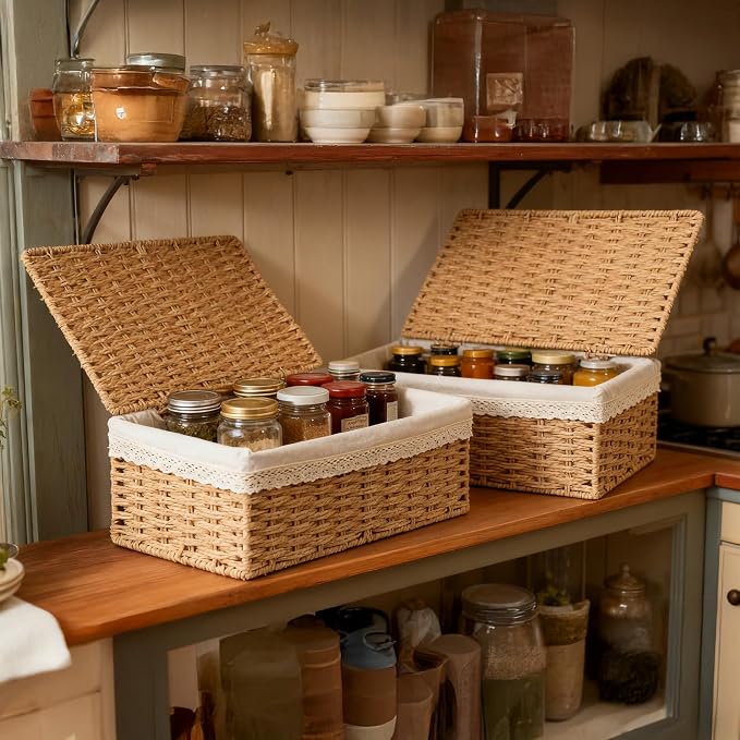Nonam Large Basket with Lid set of 3, Rattan Divided Baskets Organizer for Shelf, Natural Wicker Storage Basket Bins for Closet, Boho Shelf Decor Covered Basket Home Storage Container - Image 5