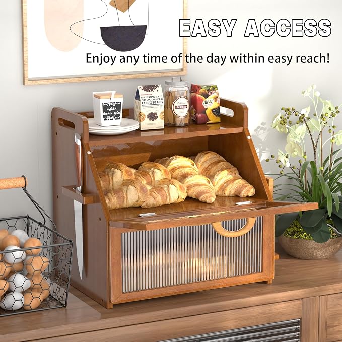 Bread Box for Kitchen Countertop, Large Bread Storage Container for Homemade Bread, Vintage Wooden Farmhouse Breadbox Organizers, Double Layer Bread Bin with Acrylic Window Bread Holder - Image 3