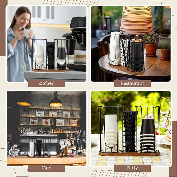 18oz Adjustable Coffee Cup Dispenser with Wooden Base, Cup and Lid Holder, Cups Holder Organizer for Coffee Pod Straw and Lid Storage(3-Compartment Single,Color 1) - Image 4