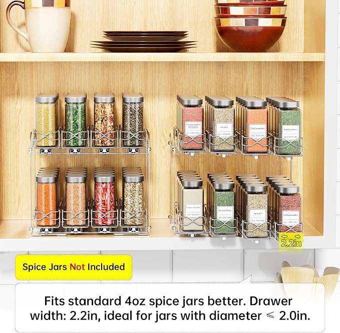 Pull Out Spice Rack,2 Tier Sliding Drawer, Height Adjustable Spice Rack | Chrome, Tape or Screw Mount Available, Fits 4oz Spice Jars Up to 2.0 Inch Diameter for Kitchen Cabinets and Pantry - Image 3