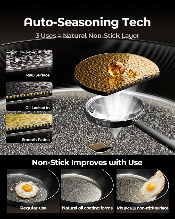 10 Inch Auto-Seasoning Nitrided Carbon Steel Pan, Professional Skillet for Induction Stovetop and Daily Searing, Pre-seasoned Frying Pan, Wooden Handle, PFAS & PFOA-Free - Image 3