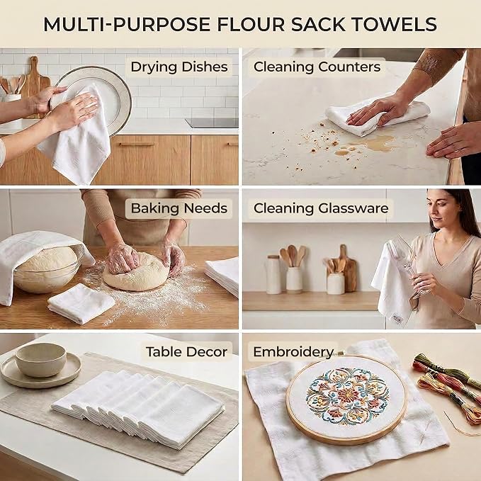Flour Sack Towels – 15 Pack, 28x28 Inch, 100% Cotton – Flour Sack Dish Towels for Drying Dishes, Baking, Bread Proofing, Crafting & Embroidery – Reusable White Kitchen Towel - Image 4