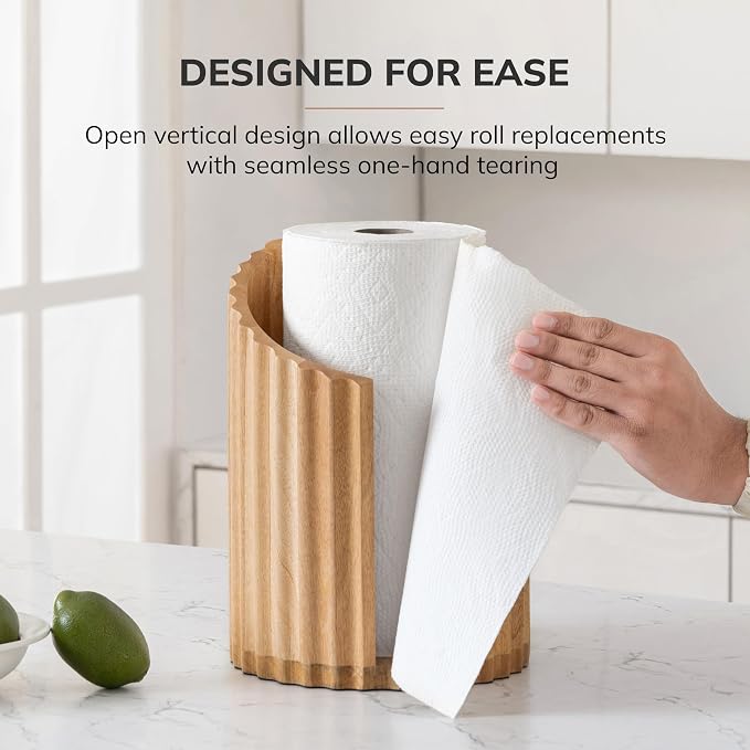 Anji Mountain Wooden Paper Towel Holder with Metal Holder, Holder Stand for Kitchen Roll Organizer & Kitchen Dining Table Home Décor, Countertop Fits Jumbo & Mega Rolls - Mango/Gold, Fluted - Image 5