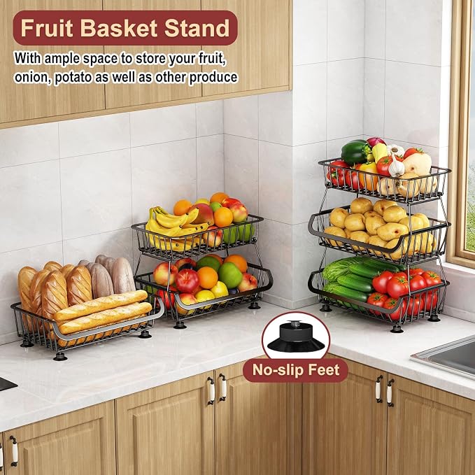 3-Tier Rolling Pantry Cart with Wheels, Stackable Wire Storage Floor Organizer for Kitchen Pantry Snack Shelves, Fruit Basket Stand, Vegetable Storage Rack for Food Snacks Onion Potato, Black, 2 Pack - Image 5