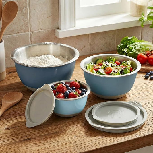 18/8 Stainless Steel Mixing Bowls Set with Lids,1.5,3 & 5 Qt,Blue | Non-Slip Silicone Base & Measurement Marks, Airtight Food Storage for Baking, Cooking & Meal Prep，Nesting Design by Rorence