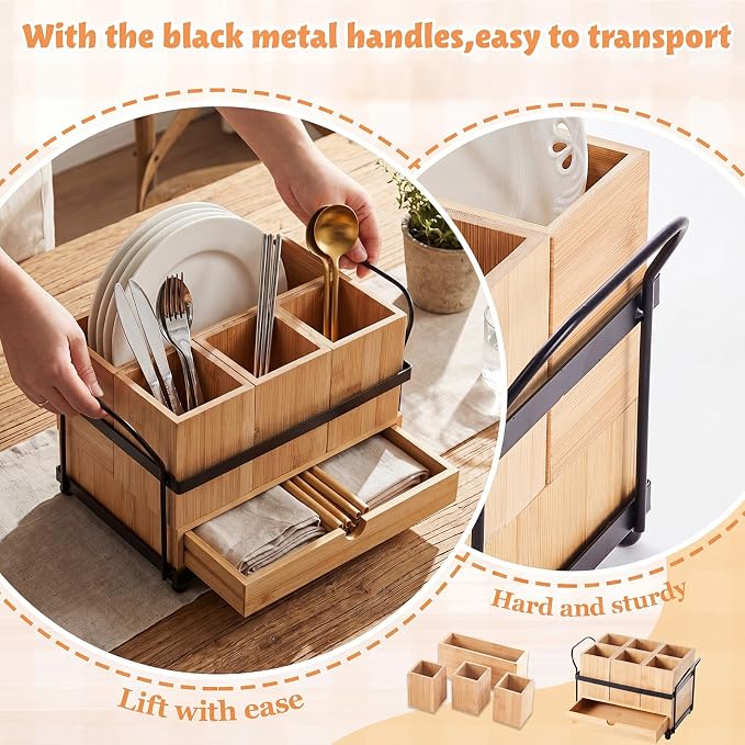 Qunclay Wooden Silverware Caddy with Drawer, Paper Plate Organizer Holder Dispenser for Party, Utensil Cutlery and Flatware Holder with 4 Compartments for Forks, Spoons, Napkins, Kitchen Countertop - Image 3