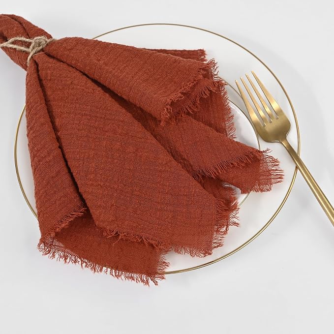 50 Pack Terracotta Cloth Napkins, 16 x 16 Inch Cotton with Fringe Settings | Handmade washable reusable cotton dinner napkins in bulk for weddings, parties, rustic boho table settings - Image 6