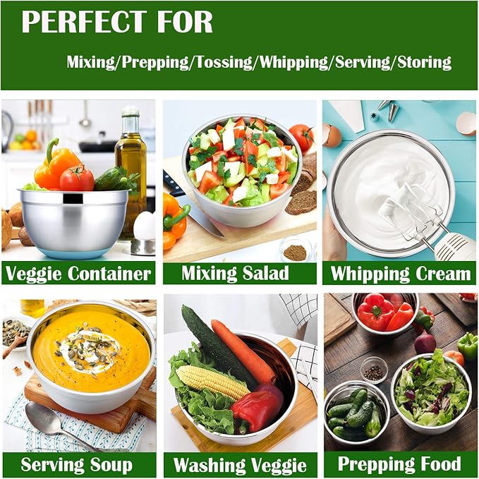 P&P CHEF Mixing Bowls with Lids Set of 5, Stainless Steel Nesting Salad Bowl with Lid & Base for Non-slip Mixing Prepping Storing Serving, 5 Sizes-7/3.5/2.5/1.5/1 QT, Multicolor - Image 3