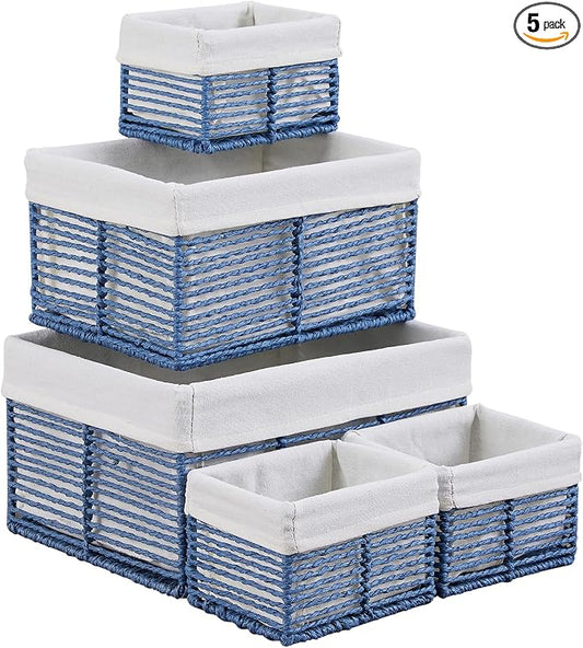 Wicker Storage Basket, Hand-Woven Paper Rope Wicker Baskets, Rectangular Small Wicke Baskets for Organizing, Cube Storage Bins for Closet/Clothes/Dresser, Blue, 5-Pack by Vagusicc