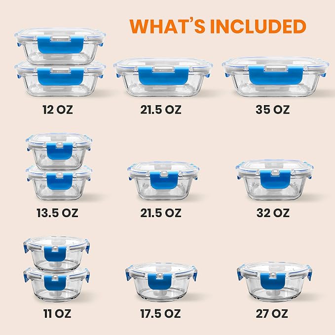 24-Piece Glass Food Storage Containers - Stackable Superior Glass Meal-prep Containers w/Newly Innovated Hinged BPA-Free 100% Leakproof Locking Lids - Freezer-to-Oven-Safe - NutriChef NCGLBU.5 (Blue) - Image 2