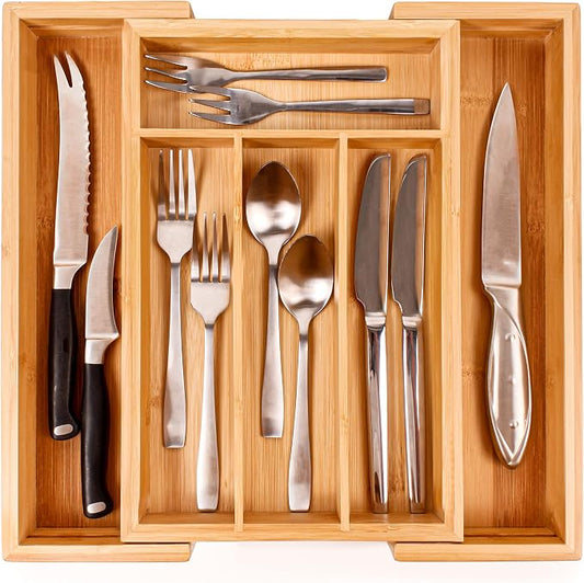 Berghoff Expandable 6 Slot Bamboo Flatware Organizer, Kitchen Cutlery Tray | Adjustable Wood Drawer Divider & Silverware Organizer, Adjusts 8.5 to 13.25 Inches, 6 Slot Utility Tray & Utensil Holder by BergHOFF