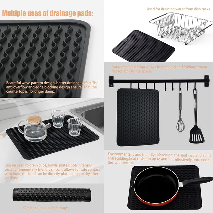 NiuYichee Stainless Steel Dish Drying Rack(15"L X 11"W X 4.1"H), Expandable Fruit & Vegetable Drain Rack over Sink, Dish Drainer Rack in Sink, with Stainless Steel Utensil Holder & Silicone Mat(16") - Image 6