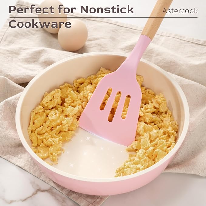Astercook Kitchen Utensils set, 39 PCS Silicone Cooking Utensils Set with Wooden Handle, 446°F Heat Resistant Food Grade Utensil Sets, BPA Free Kitchen Gadgets Tools Set for Nonstick Cookware (Pink) - Image 3