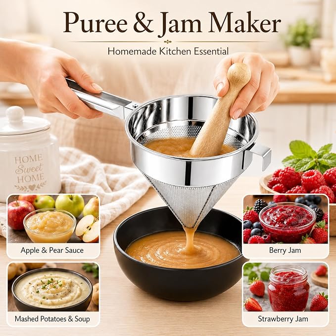 Chinois Strainer Set with Stand & Pestle, China Cap Strainer for Sauces | Stainless Steel Fine Mesh Cone Sieve for Soups, Stocks, Tomato Puree and Jam, with Stand and Wooden Pestle Included - Image 6
