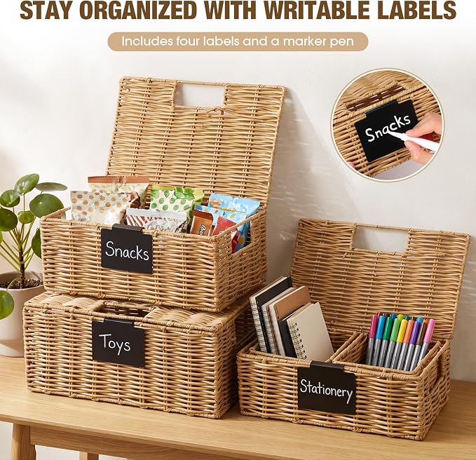Yookeer 5 Pcs Woven Plastic Rattan Storage Baskets with Lid and Handles, Natural Color Large Storage Organizer with Labels, Stackable Rectangular Boho Decorative Baskets for Toys Shelves Bedroom - Image 3