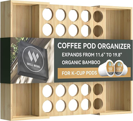 Expandable Bamboo Coffee Pod Drawer Holder 35 Pods | 11.6-19.8" W x 15.36" D x 2.37" H, Compatible with K Cup, keurig Pod Organizer Tea Bag Storage for Countertop Display by WELLWENG