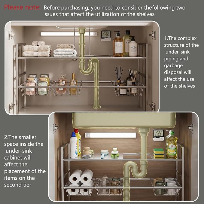 Under-Sink Organizer 2-Tier Expandable Cabinet Storage (4 panels 4 baskets) | LED Motion-Sensing Auxiliary Lighting Dial Thermometer Stainless Steel Telescopic & Adjustable Rust-Resistant - Image 5
