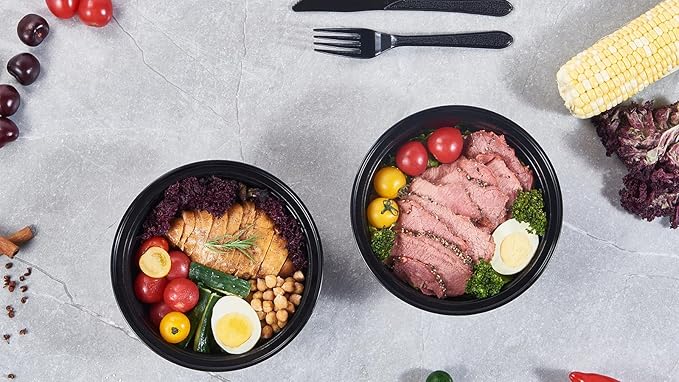 38 oz 50 ct Round Meal Prep Containers with Lids Plastic Food Storage To Go Lunch Plan Box Disposable Take Out Bowls Black BPA Free Reusable Durable Stackable Microwave Freezer Dishwasher Safe - Image 5