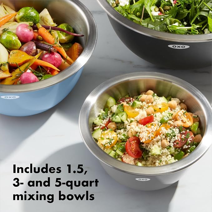 OXO Good Grips 3-Piece Stainless Steel Mixing Bowl Set - Blue/Gray - Image 2