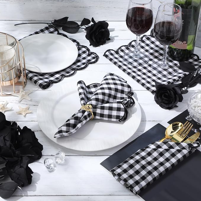 SmoothNovelty 6 Pack Buffalo Plaid Cloth Napkins 18x18 Inch Checkered Cloth Napkins Scalloped Soft Cotton Table Mat Washable Reusable for Dinner Wedding Holiday Birthday Parties (Classic,Black) - Image 4