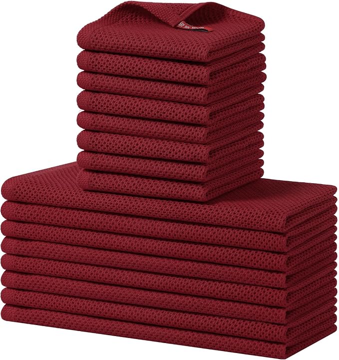 Homaxy 16 Pack 100% Cotton Kitchen Towels and Dishcloths Set, Burgundy | 12 x 12 Inches and 13 x 28 Inches Kitchen Towels Set, Ultra Soft Absorbent Dish Cloths for Washing Dishes by Homaxy