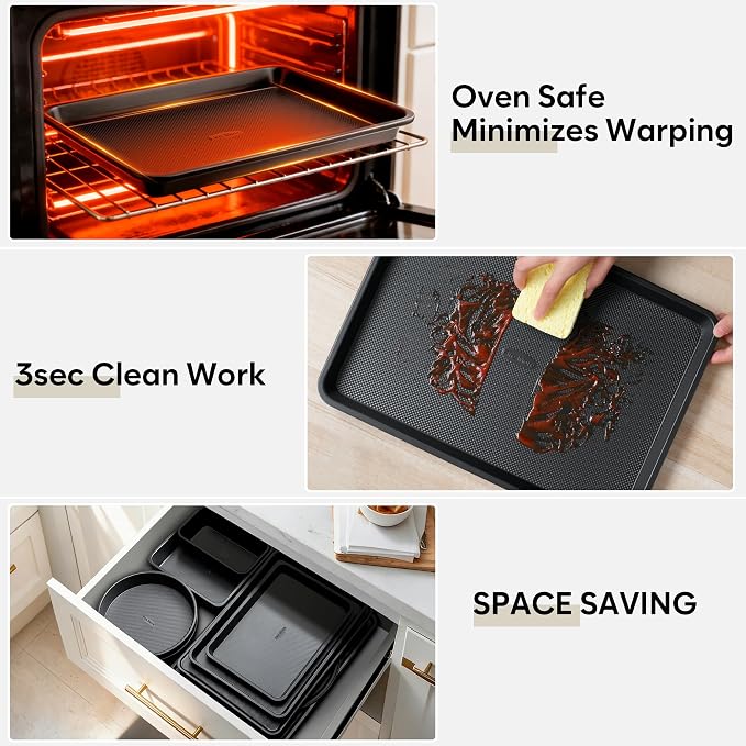 10-Piece Nonstick Bakeware Set, 0.8MM Thick Carbon Steel Baking Pan Set for Oven with Cookie Sheet, Muffin Pan, Pizza Pan, Loaf Pan and Cooling Rack, Stackable Kitchen Baking Set, PFOA/PTFE Free - Image 5