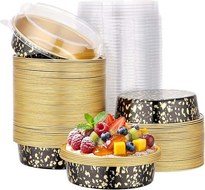 Beasea Mini Ramekins with Lids, 100 Pack 7.3oz Disposable Aluminum Tart Pie Baking Tins Pans, 4 Inch Small Individual Cheesecake Tart Containers Oven Baking Dishes for Party - Black Gold Speckles by Beasea