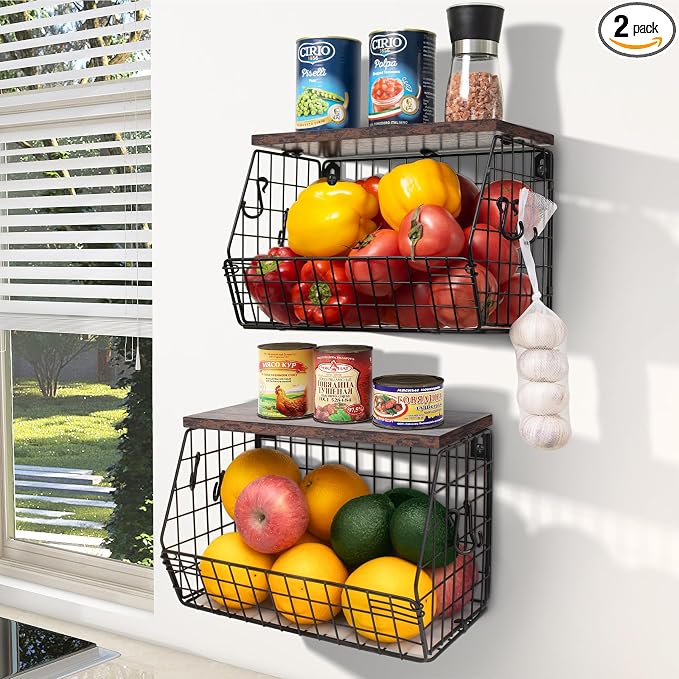 Mefirt Fruit Bowl, Stackable Wall Mounted Fruit Basket of Smooth Wood Lid with 4 Banana Hanger Hooks, Metal Kitchen Counter Organizer for Snack, Fruit and Vegetable Storage, 11.8 * 7.9 * 8.5 Inches by Mefirt
