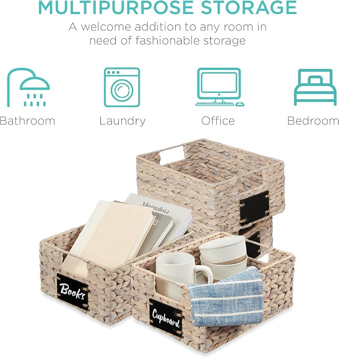 Best Choice Products Set of 4 9x12in Water Hyacinth Pantry Baskets, Woven Organizers w/Chalkboard Label, Chalk Marker - White - Image 6