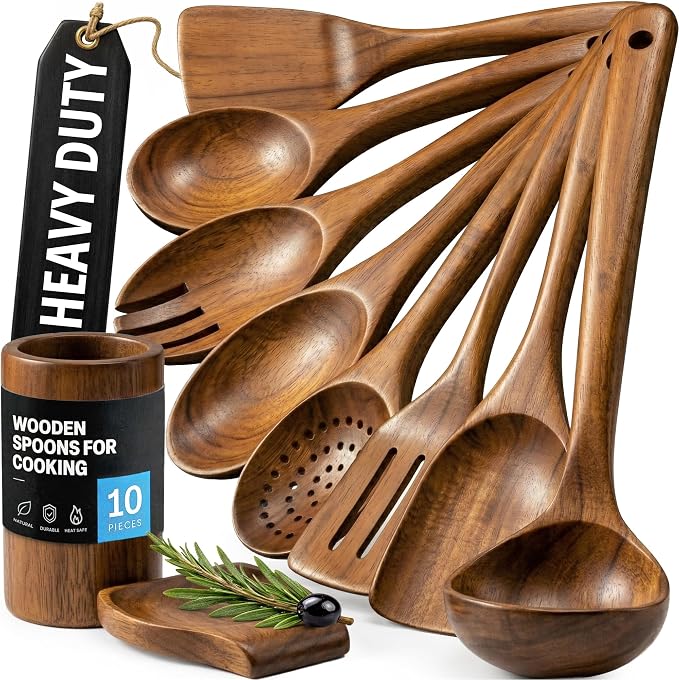 Zulay Kitchen 10-Piece Wooden Spoons for Cooking - Smooth Finish Teak Wooden Utensils for Cooking - Soft Comfort-Grip Wood Spoons for Cooking - Non-Stick Wooden Cooking Utensils - Wooden Spoon Sets by ZulayKitchen
