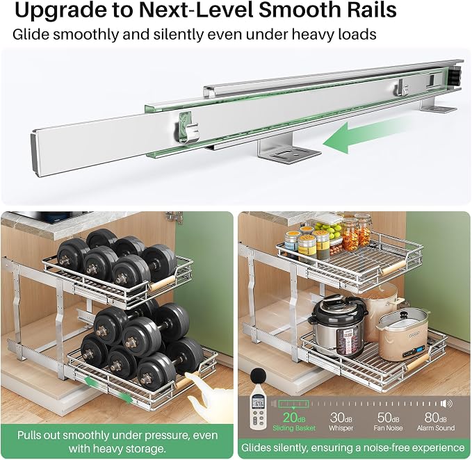 Pull out Cabinet Organizer, 2 Tiers 23"W X 21"D, Heavy Duty Smooth Sliding Under Cabinet Shelves for Pots and Pans, Full-Extension Roll out Drawers, Slide out Organization for Home Kitchen Pantry - Image 4