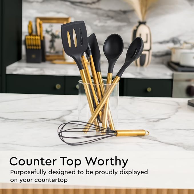 Styled Settings Black and Gold Kitchen Utensils Set, 6-Piece | Silicone Utensils Set Include Tongs, Whisk, Serving Spoon, Spatula, & Turner for Stylish Cooking - Gold Kitchen Accessories - Image 2