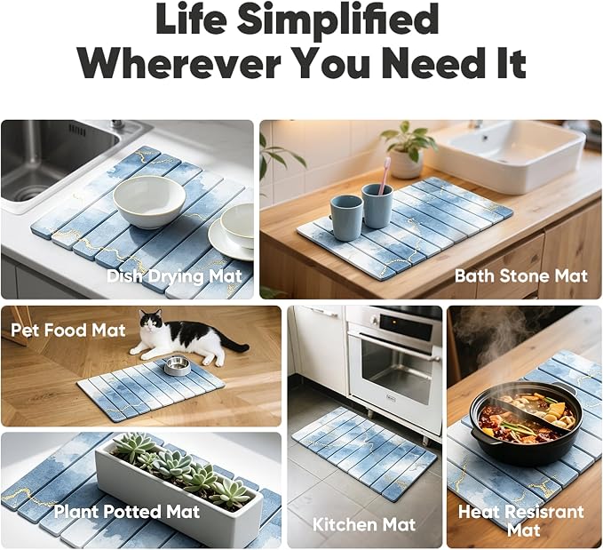 Stone Drying Mat for Kitchen Counter, Quick Diatomaceous Earth Mats for Dishes, 24"L x 16" W Super Absorbent Fast-Drying Collapsible Countertop Stone Mat (Marble White Blue, 24" x 16") - Image 7