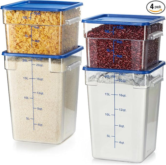 4-Pack Food Storage Containers with Blue Lids - 12 Qt & 22 Qt Square Clear Polycarbonate - NSF Listed, Commercial Grade, Freezer & Dishwasher Safe, Stackable by CURTA