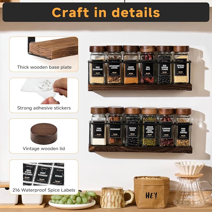 2-Tier Wall Mount Spice Rack Organizer with 12 Glass Jars, 216 Labels & Funnel - Screw/Adhesive Mount, Black Metal & Wood Spice Storage for Kitchen Pantry Cabinet, 11.6”L x 2.4”W x 3.2”H - Image 5