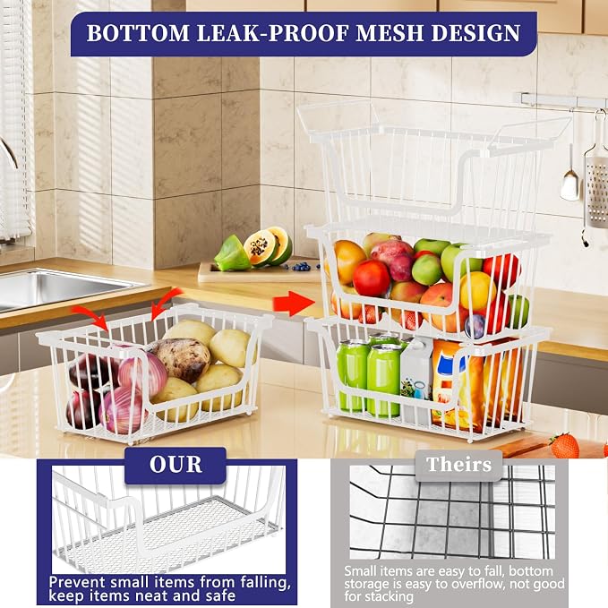 5 Pack Enhanced Leak-Proof Bottom Stackable Wire Baskets, Pantry Organizers and Storage, pantry storage，Shelf Baskets, Fruit Basket, Potato and Onion Storage Bins，(White) - Image 2