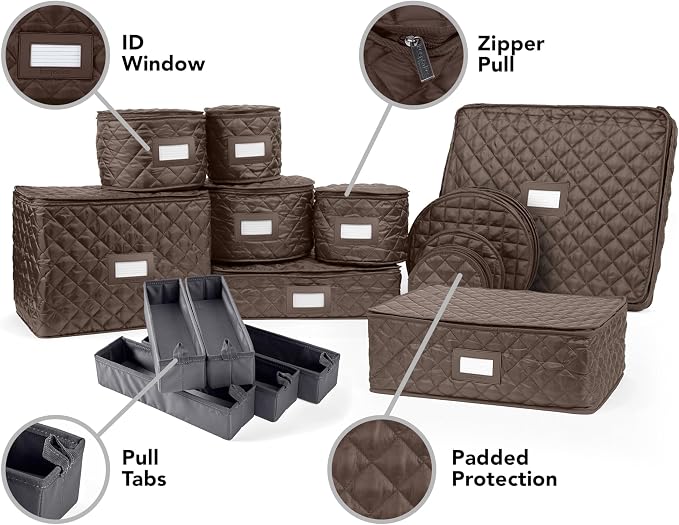 Covermates Keepsakes Dish Storage Set – Padded China & Dinnerware Storage Cases with Dividers, Cup & Stemware Storage, Quilted Polyester Protection, ID Window, Bronze - Image 2