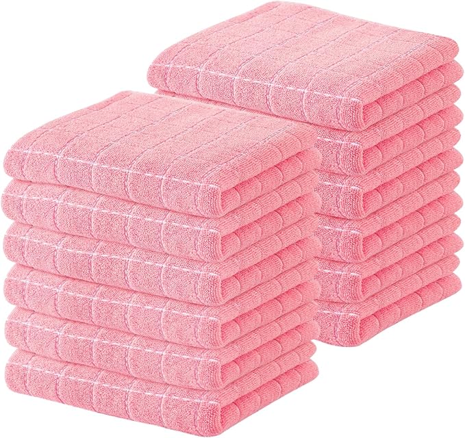 Kitinjoy 100% Cotton Terry Kitchen Towels, 13”x 28”, 12-Pack, Pink | Checkered Designed, Ultra Soft Absorbent Quick Drying Dish Towels by Kitinjoy