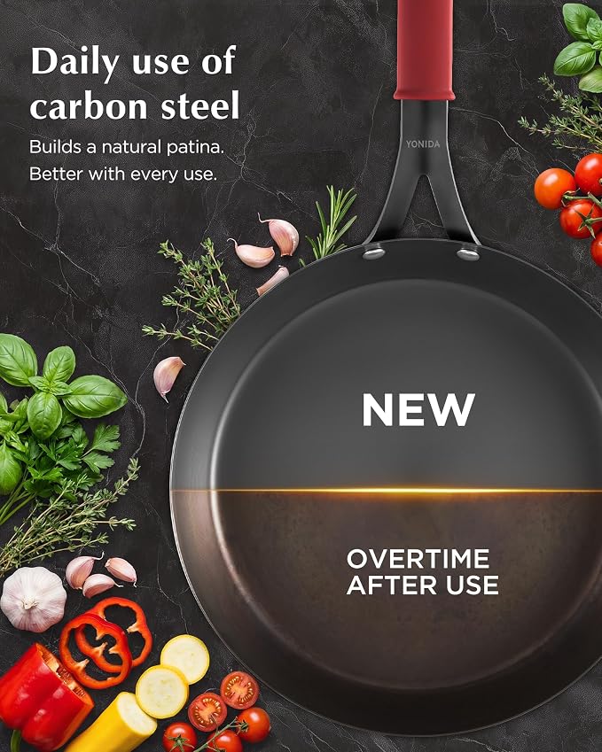 Carbon Steel Pan, 12 Inch Nonstick Frying Pan Skillet | Pre-Seasoned Carbon Steel Cookware with Removable Silicone Handle Holder, Indoor/Outdoor, Induction & Oven Safe - Image 5