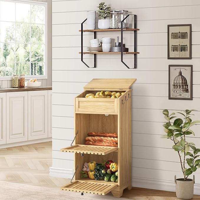Potato Storage Bins, Fruit and Vegetable Storage, Kitchen Pantry Cabinet | Potato and Onion Storage Bins, Mid Century Modern, Wooden, for Homemade Bread, Snack, Magnetic Flip top, 3 Tier, Natural - Image 2