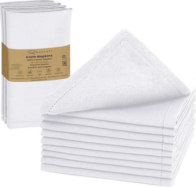 Ruvanti Cloth Napkins Set of 12, 100% Cotton High GSM 18x18 Inches, Hem Stitched Corners, Soft, Washable, Highly Durable & Absorbent, Perfect for Parties, Christmas, Thanksgiving Dinners – White by Ruvanti
