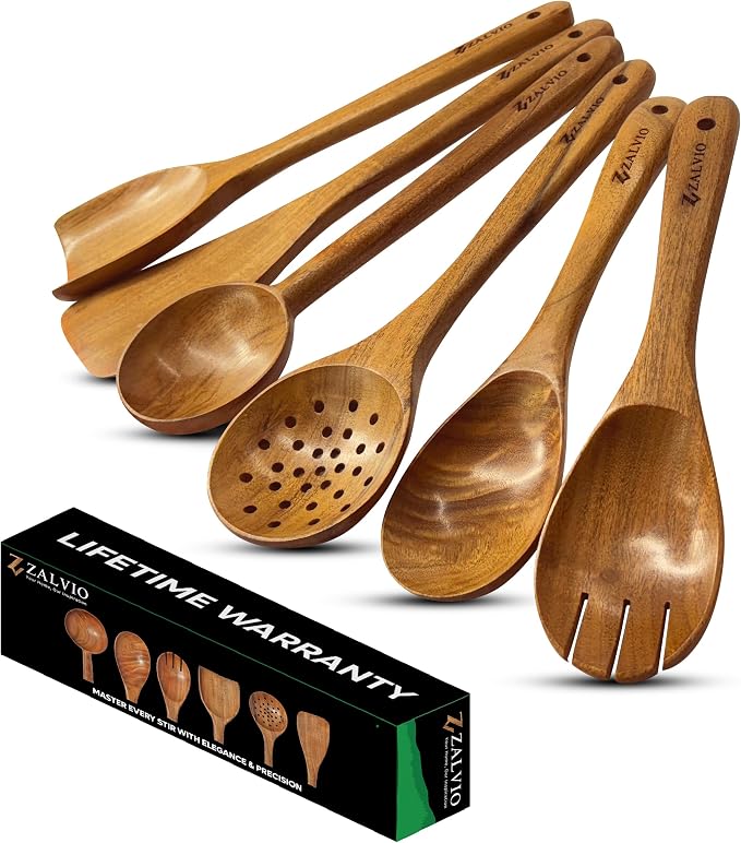 Zalvio 6-Piece Acacia Wood Cooking Utensil Set – Handmade Wooden Spoons & Spatulas | Heat-Resistant, Nonstick, Eco-Friendly Kitchen Tools by Zalvio