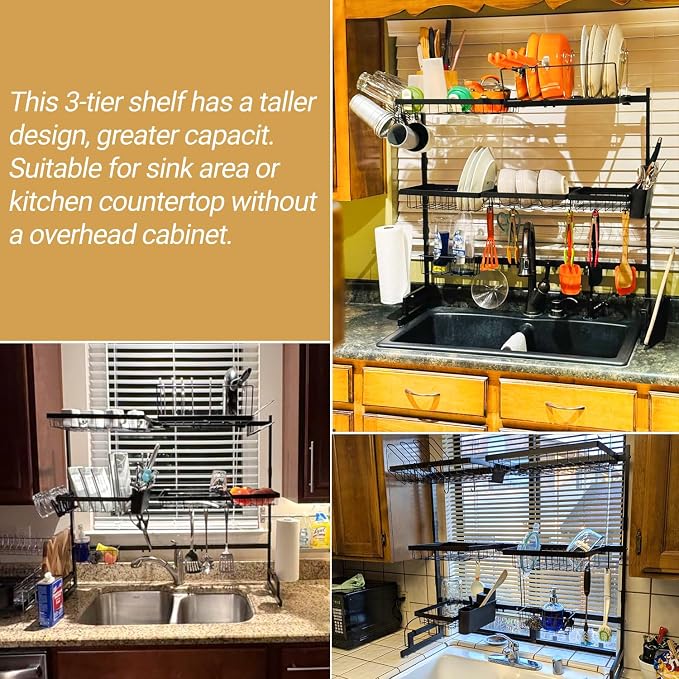 ADBIU Over Sink Dish Drying Rack (Expandable Height/Length) Snap-On Design Large Dish Drainer Storage Counter Organizer 32-40L x 12W x 34-38H (inches) - Image 3