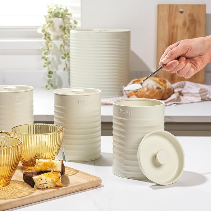 Russell Hobbs RH03270CEU7 Ribbed 4-Piece Countertop Set – Set of 3 Kitchen Storage Canisters & Bread Bin, Tea, Coffee and Sugar, Durable Steel, Pull Top Lids, Easy to Clean, Ribbed Design, Cream - Image 4