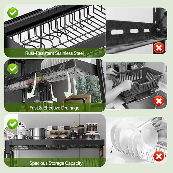 Over Sink Dish Drying Rack, 3-Tier Full Stainless Steel Drainer Dish Rack Adjustable 20.9''-37.4'', Expandable Multifunctional Kitchen Organizer - Image 5