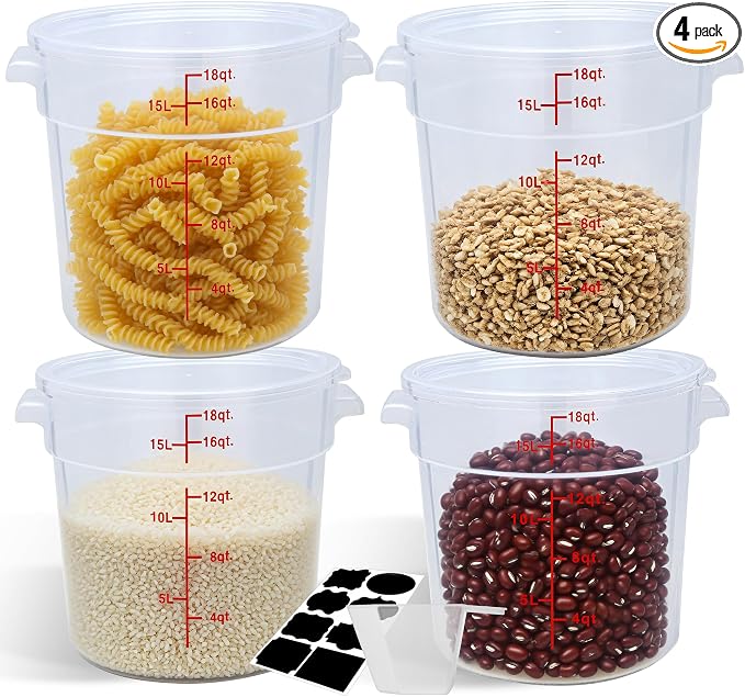 4 Pack 18QT Round Food Storage Containers with Lids | NSF, BPA-free PP containers with scale, label and measuring cup, stackable for prep, storage, freezer. Dishwasher safe by STEELUS